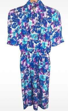 Vintage 80s Pellini Petite by Von Bramlett Blue Purple Floral Midi Dress